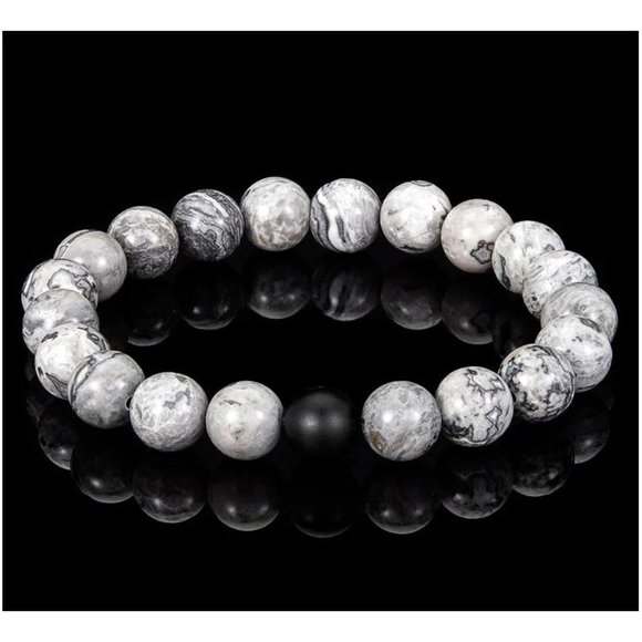 10mm Polished Grey Map Jasper Matte Onyx Natural Stone Bead Stretch Bracelet - Picture 1 of 7